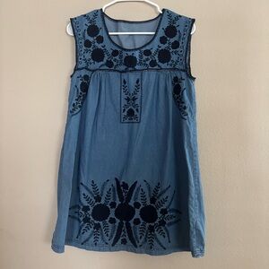 Blue Sleeveless Shirt/Dress with Dark Blue  Embroidery